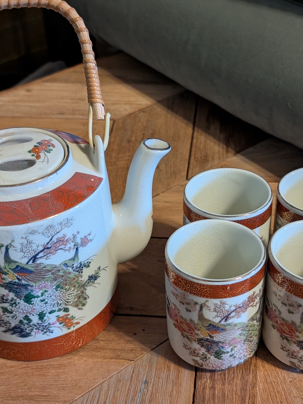 Vintage 1979 Satsuma Japan Peacock Tea Set Gold Trim Rattan Handle